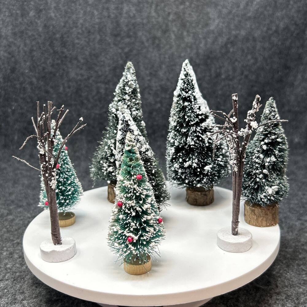8pc Snow Frost Trees Bottle Brush Wood Base Naked Trees Holiday Village Diorama